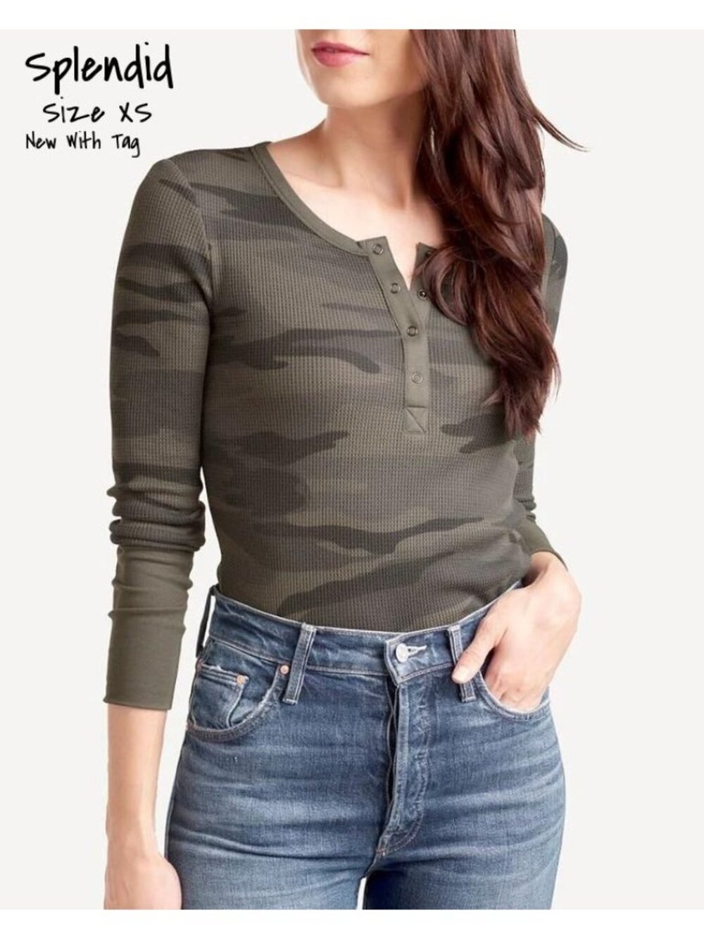 Splendid Camouflage Long Sleeve Thermal Henley Shirt Top for Size XS - New